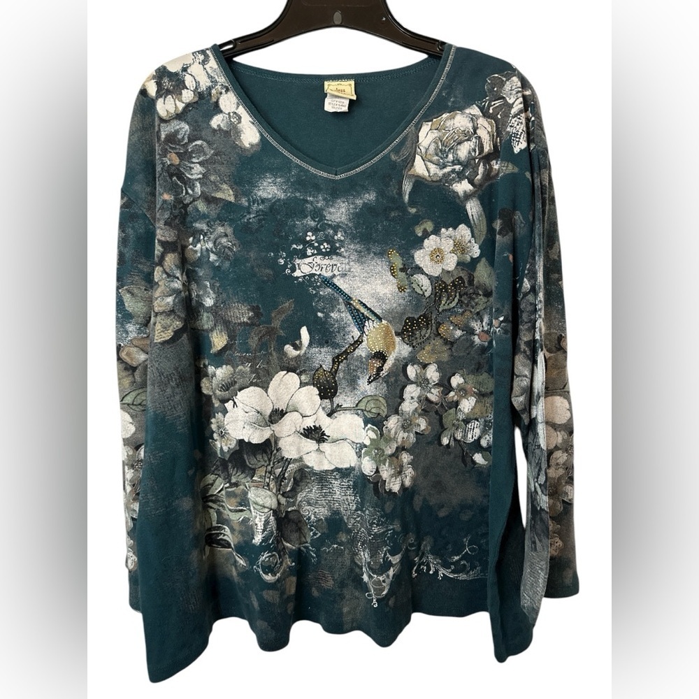 Jess & Jane Floral Teal Embellished Women's LS Top